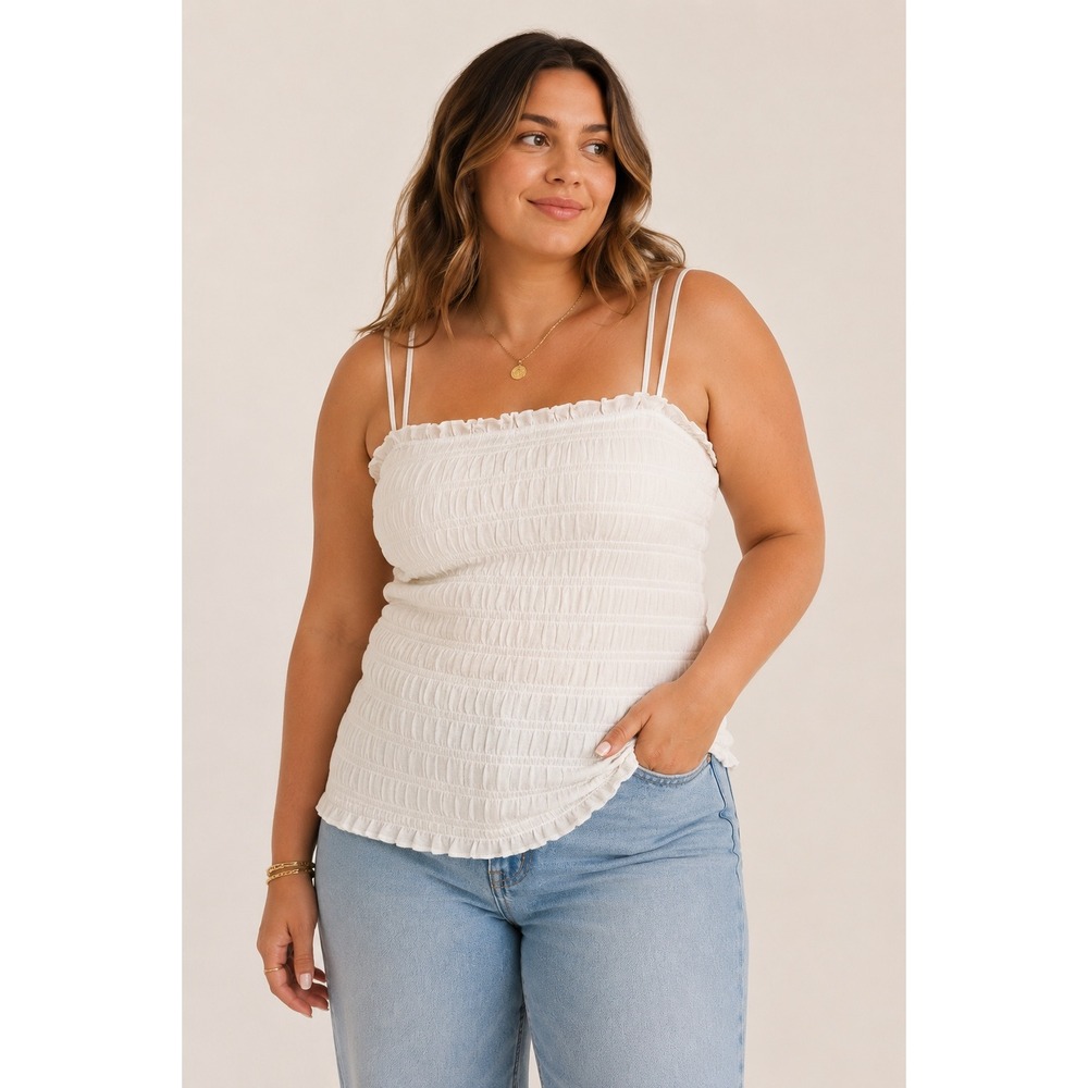 Aerie White Smocked Ruffle Tank Top XL Adjustable Tie Straps Cotton